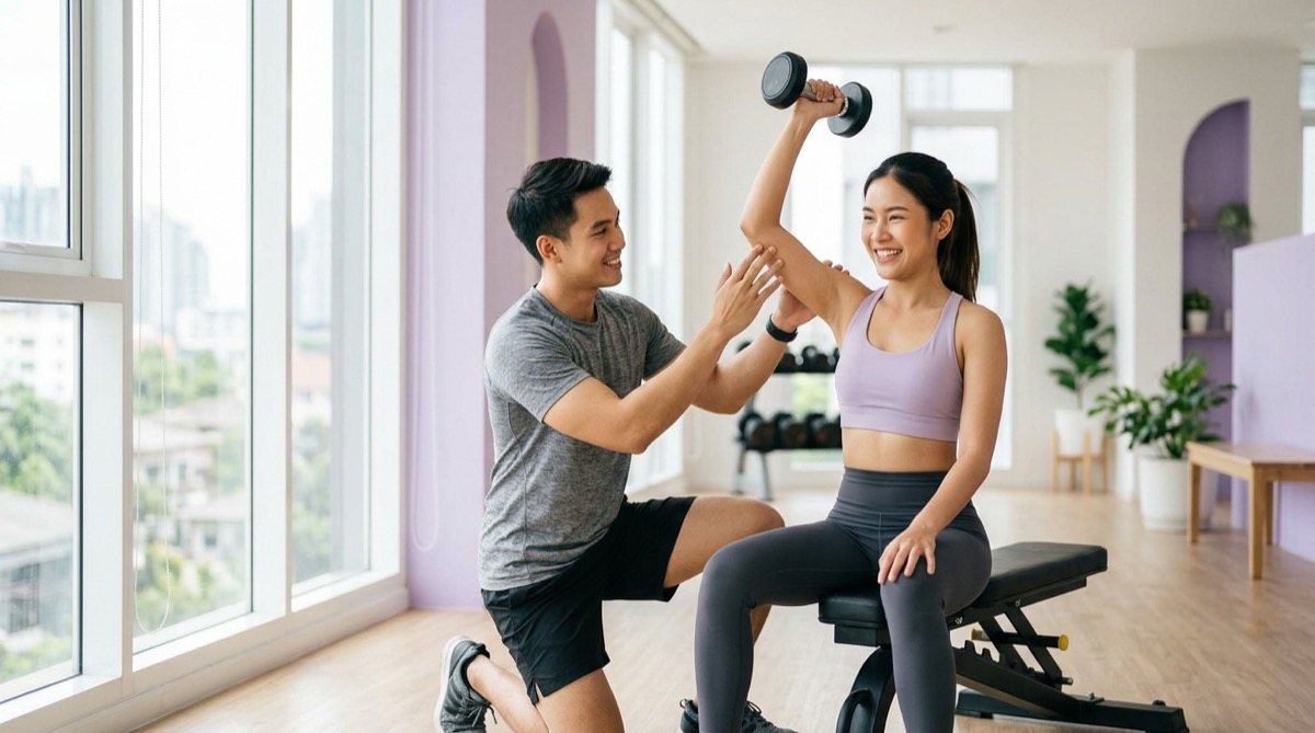 เทรนเนอร์ FitFlow กำลังสอนลูกค้าออกกำลังกายในยิมสว่างทันสมัย